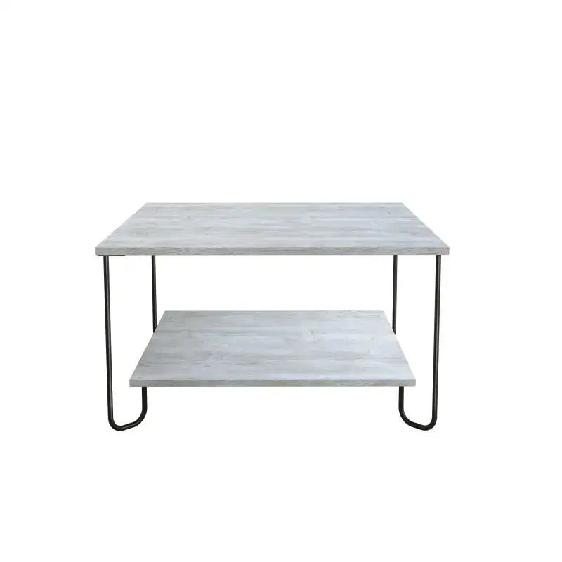 Modern two-tier coffee table with light gray wood top and lower shelf, black metal frame
