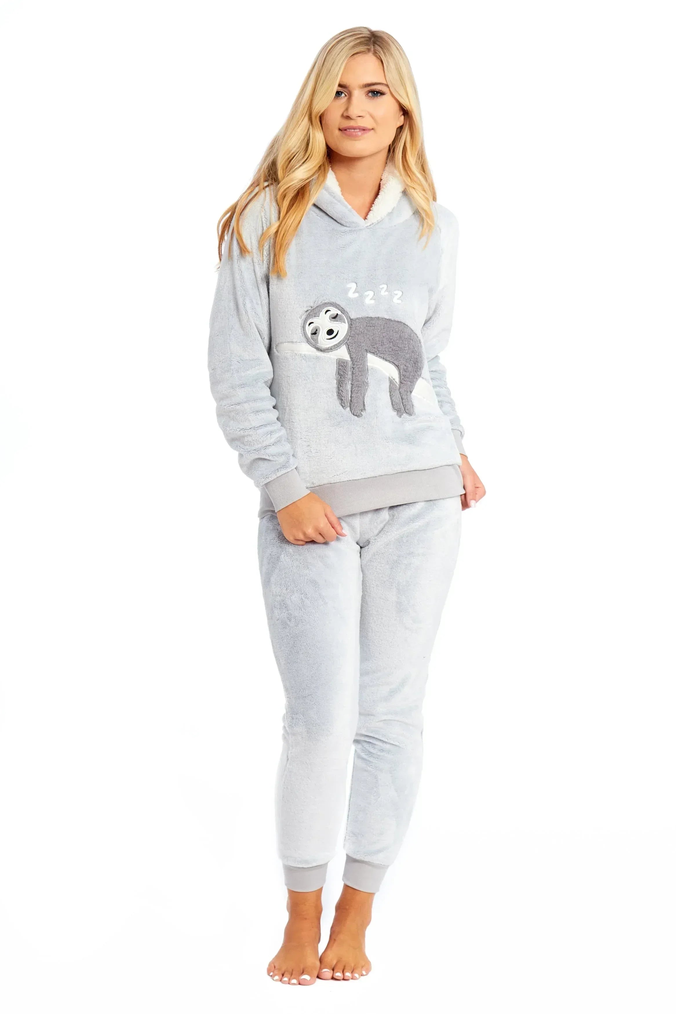 matching-mother-daughter-plush-fleece-hooded-pyjama-set-with-embroidered-sloth-design-ultra-soft-sherpa-lined-nightwear-for-girls-and-women-by-daisy-dreamer-pyjamas-573132964 - Bobobiy