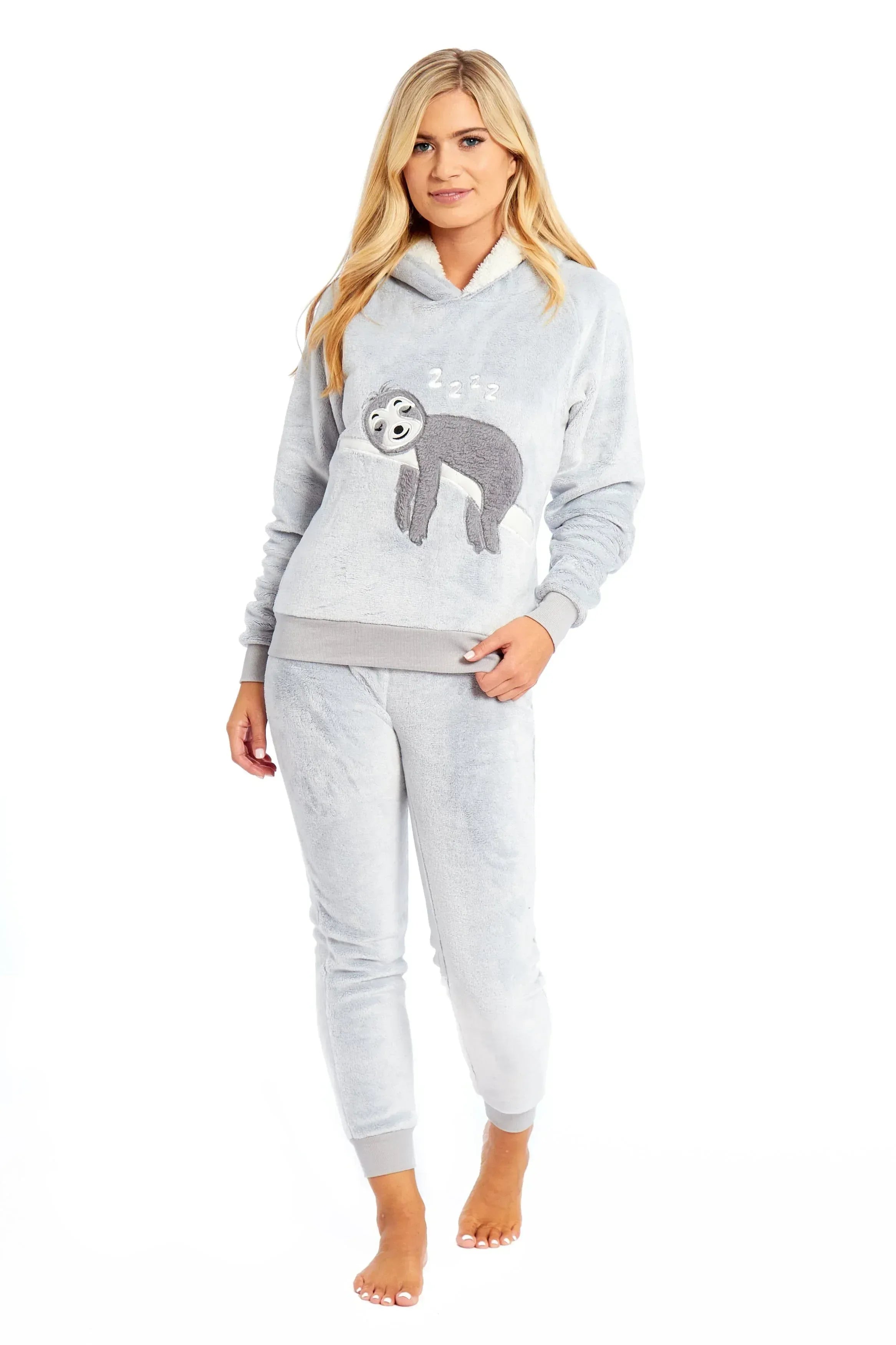 matching-mother-daughter-plush-fleece-hooded-pyjama-set-with-embroidered-sloth-design-ultra-soft-sherpa-lined-nightwear-for-girls-and-women-by-daisy-dreamer-pyjamas-588575305 - Bobobiy