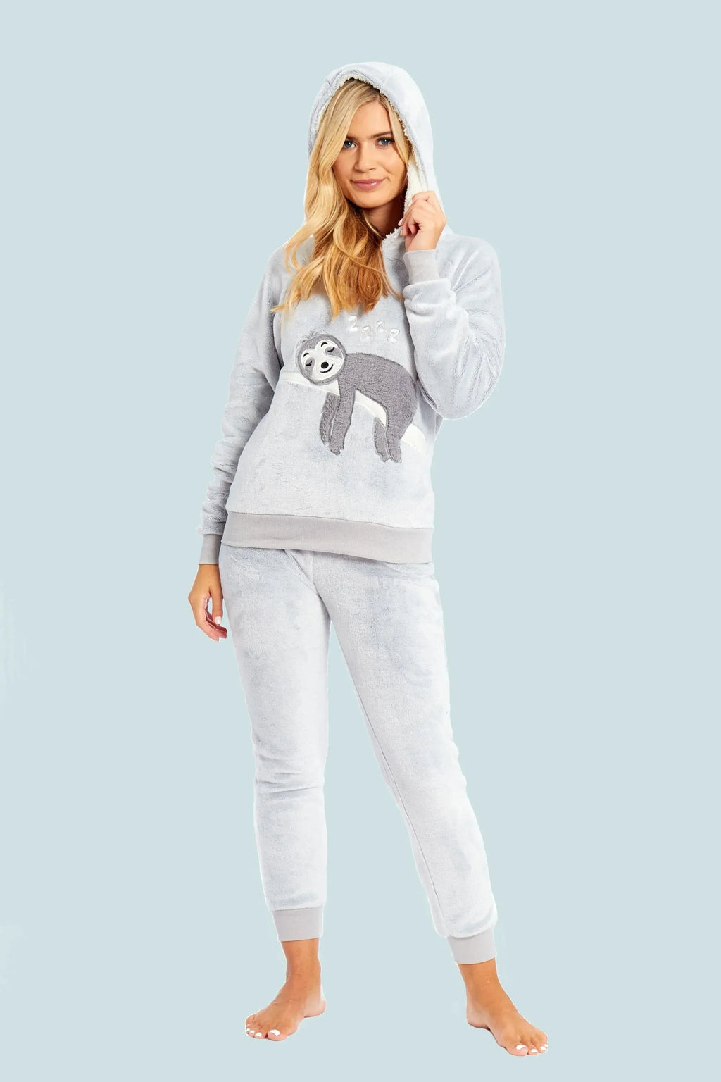 matching-mother-daughter-plush-fleece-hooded-pyjama-set-with-embroidered-sloth-design-ultra-soft-sherpa-lined-nightwear-for-girls-and-women-by-daisy-dreamer-small-uk-8-10-pyjamas-5731 - Bobobiy