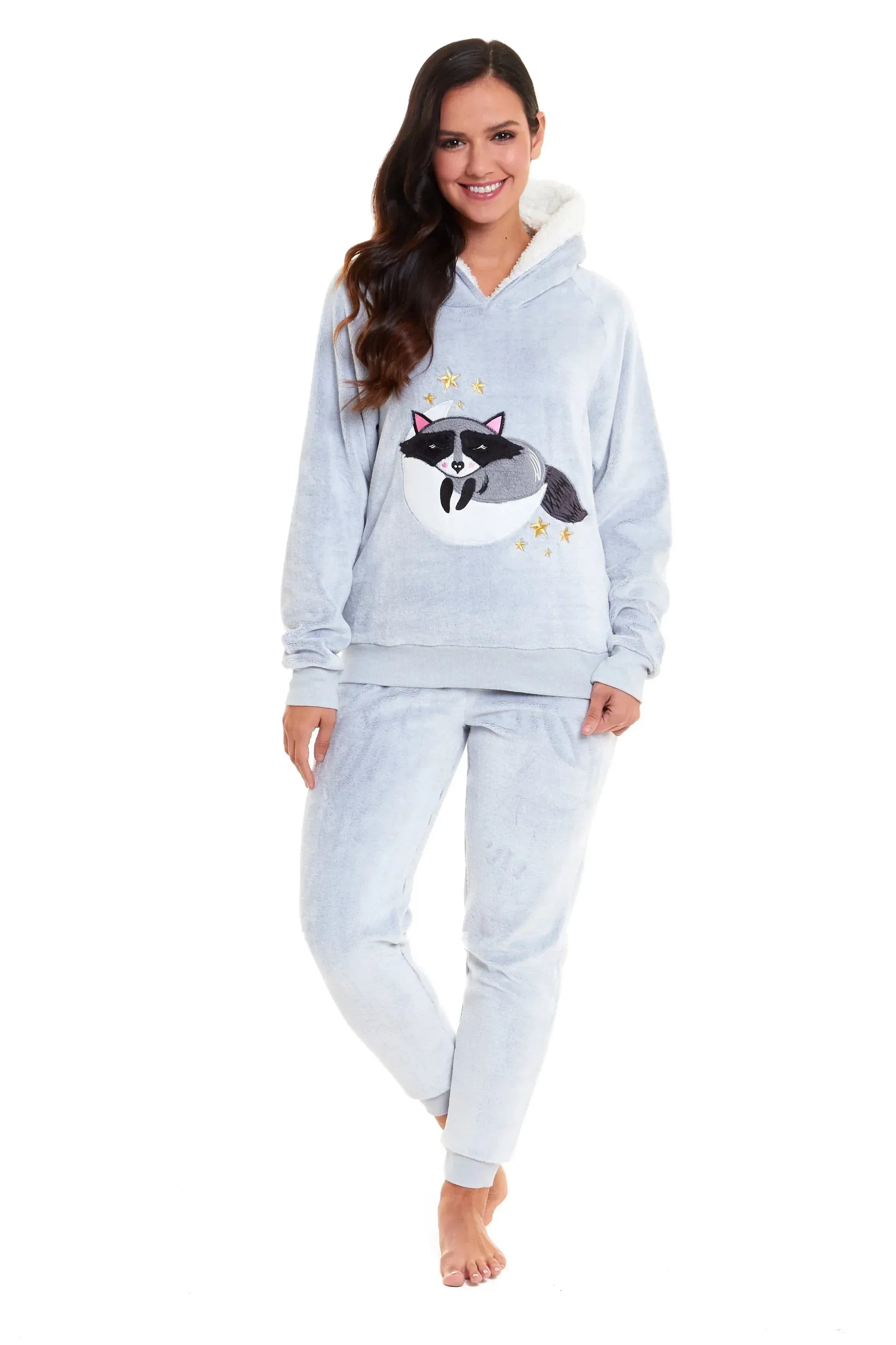 matching-mother-daughter-raccoon-fleece-hooded-pyjama-set-with-sherpa-lining-and-embroidered-design-for-family-bonding-by-daisy-dreamer-pyjamas-414003707 - Bobobiy