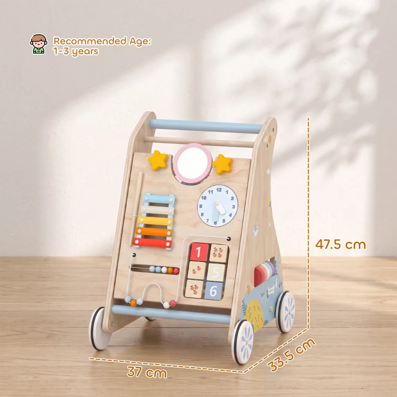 Wooden push-along baby walker with front activity panel and side wheels
