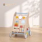 Wooden push-along baby walker with front activity panel and side wheels