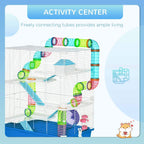 Blue 5-tier hamster cage with connecting tubes, ramps, and exercise wheel