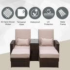 Brown rattan 2-seat sofa lounger set with beige cushions and matching square throw pillows