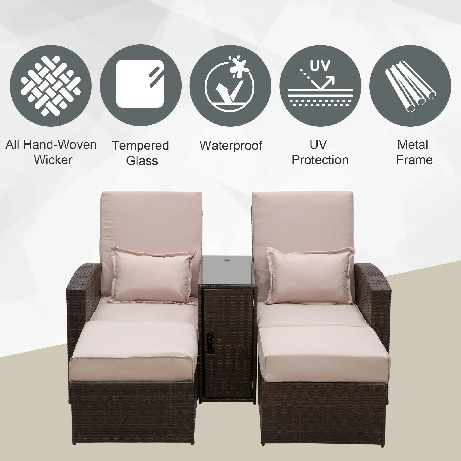 2-Seater Rattan Sofa Lounger Set-Brown - Bobobiy