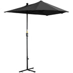 Black half market umbrella with manual crank pole and open canopy on cross base