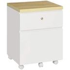 White two-drawer mobile filing cabinet with lock and wood-look top, on caster wheels.