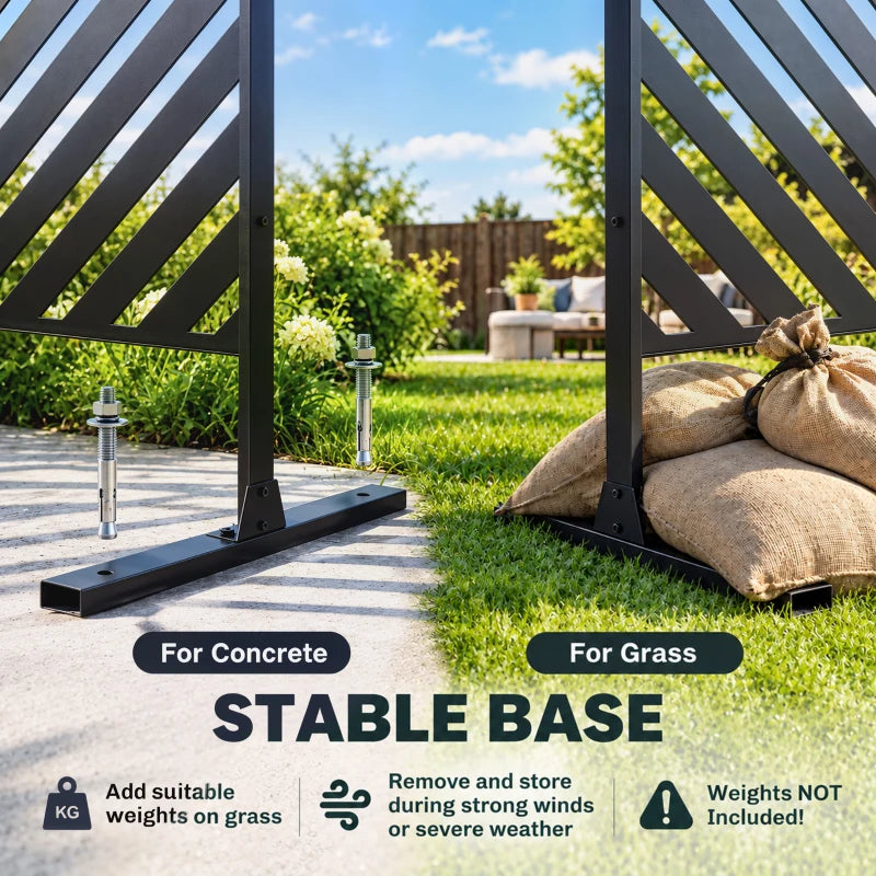 Black triangle-pattern metal outdoor privacy screen on freestanding base