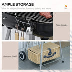 Black charcoal grill with side hooks and lower shelf for storing BBQ accessories