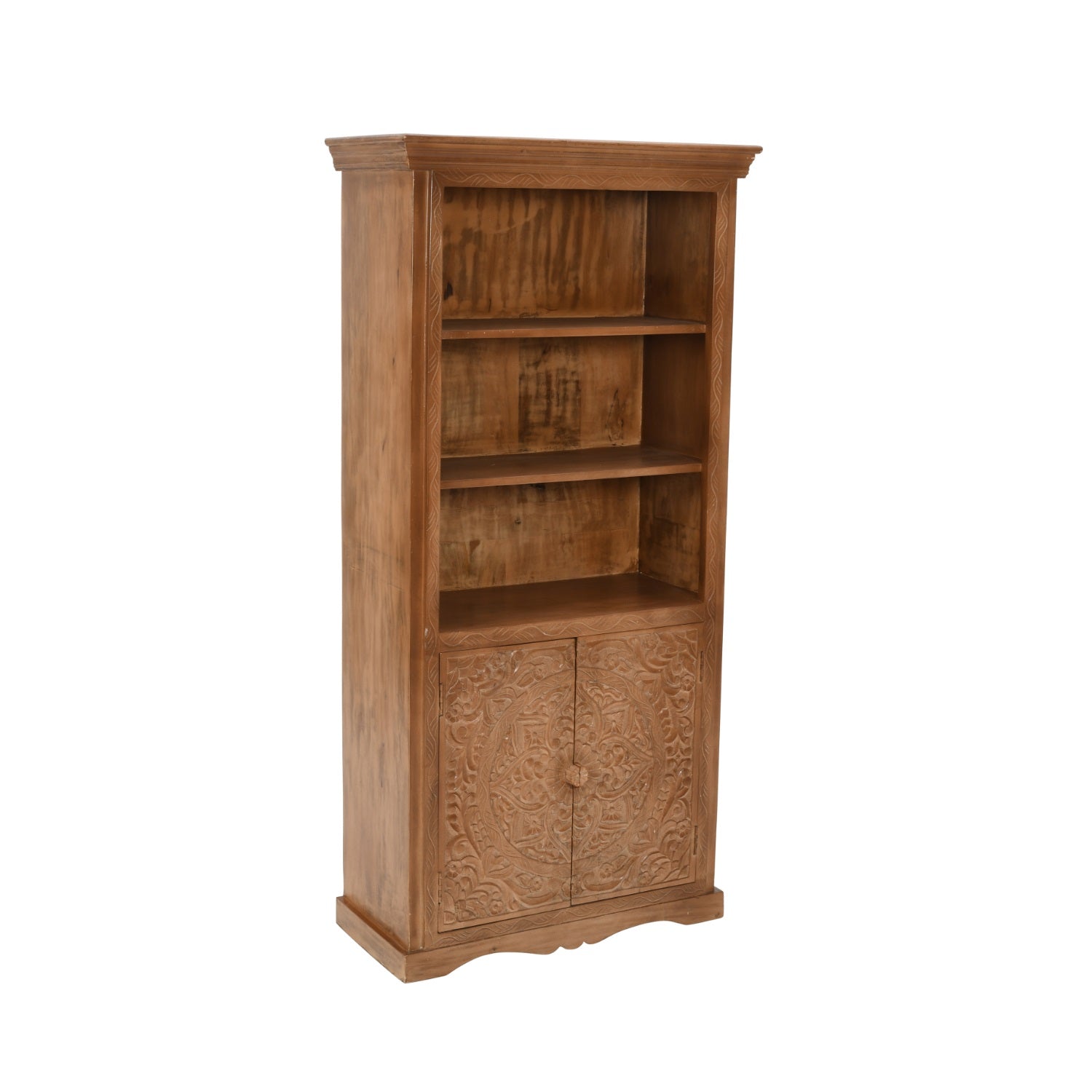 Carved Mango Wood Large Corner Bookcase   3 Shelving & 1 Door