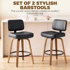 Set of 2 black bar stools with padded curved seat and back, swivel base, round footrest