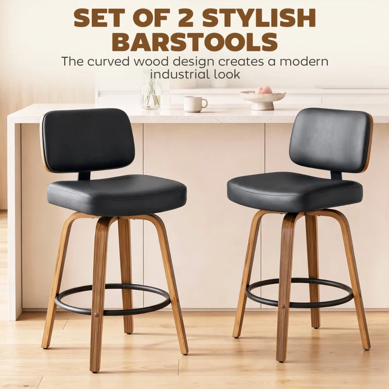 Set of 2 black bar stools with padded curved seat and back, swivel base, round footrest