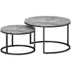 Set of two marble-effect nesting tables, grey round tops with black metal frames