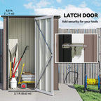 Brown metal storage shed with front latch door and interior space for equipment