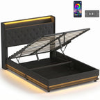 Black upholstered platform bed frame with tufted headboard and hydraulic storage base open