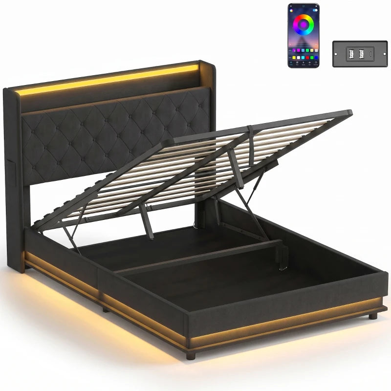 Black upholstered platform bed frame with tufted headboard and hydraulic storage base open
