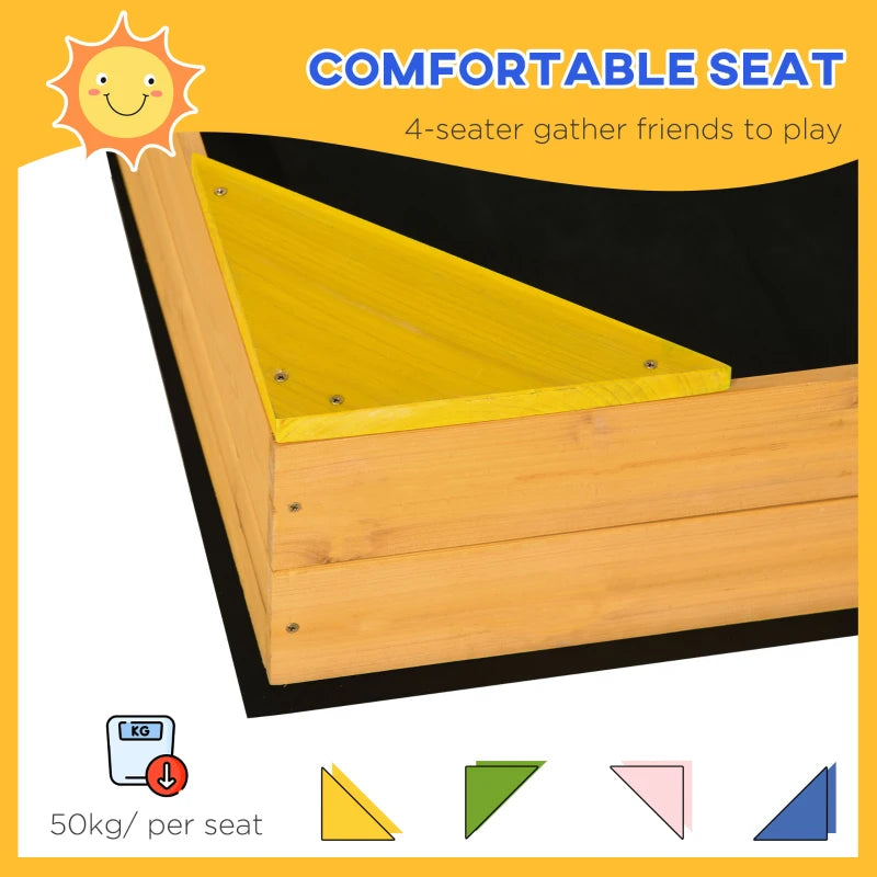 Kids wooden sand pit with four seat panels and black fabric underside, pink cover