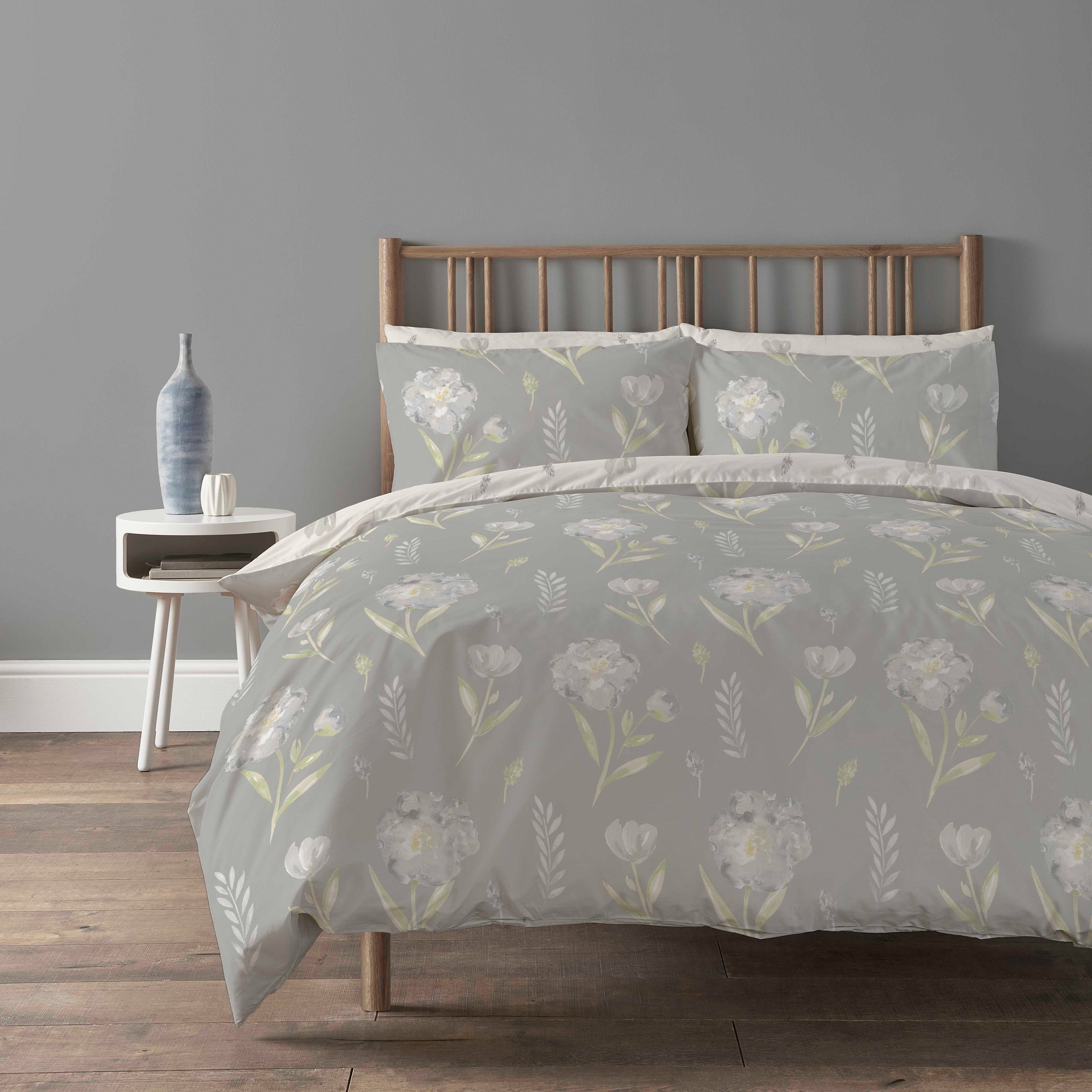 Meadow Grey Duvet Cover Set Super Soft Printed Floral Bedding with Pillow Case Easy Care Quilt Set