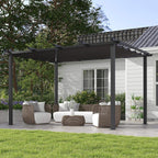 Dark grey aluminum pergola with retractable roof over patio seating