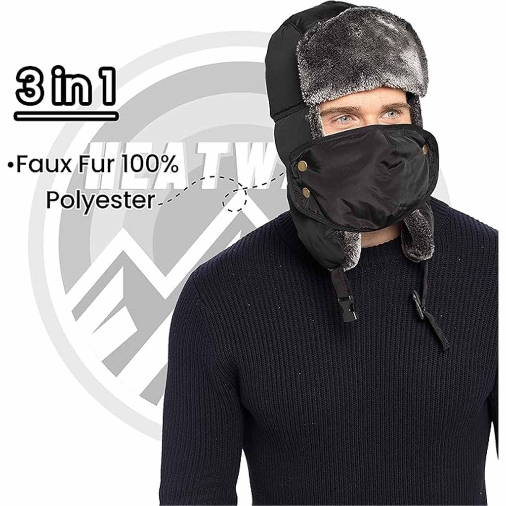 men-s-3-in-1-waterproof-trapper-hat-face-mask-neck-warmer-ear-flaps-windproof-snowproof-winter-hat-for-skiing-snowboarding-outdoor-faux-fur-lining-breathable-polyester-one-size-black - Bobobiy
