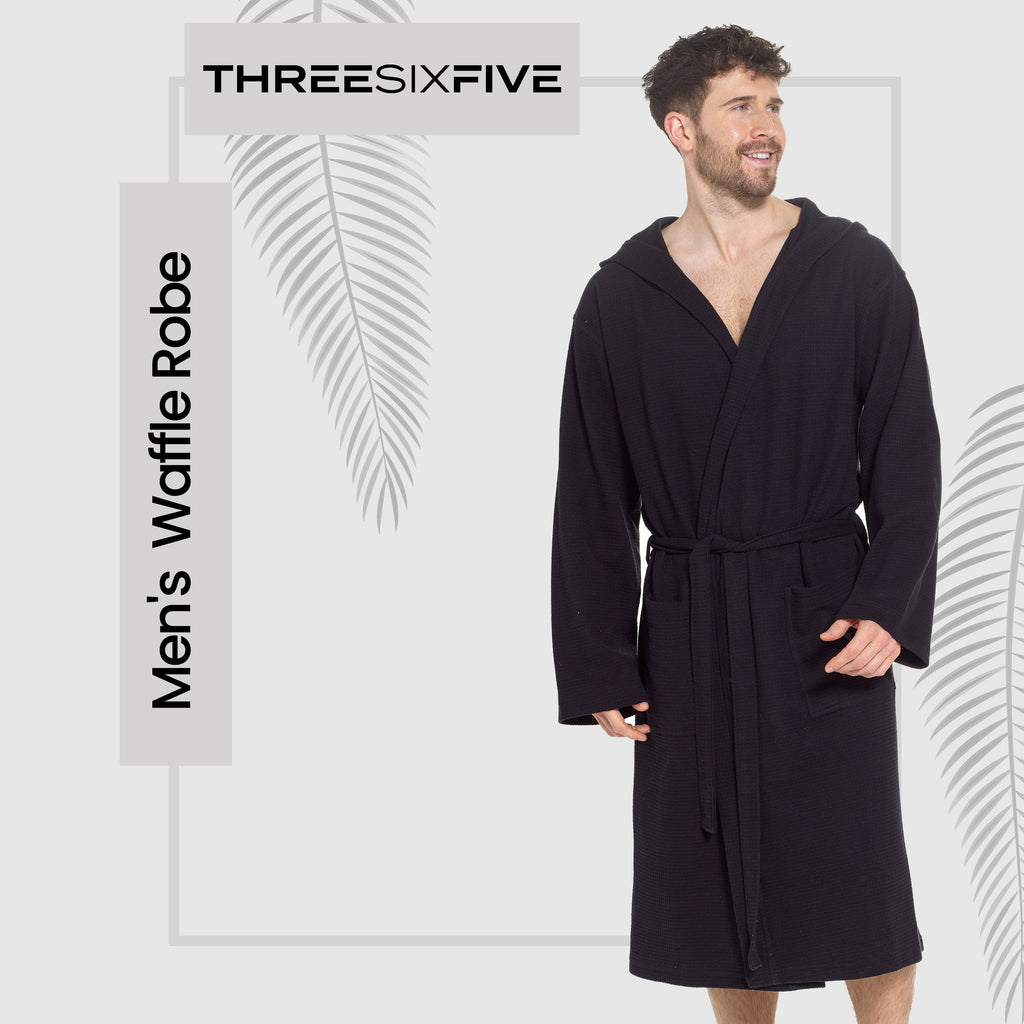Men’s Hooded Waffle Cotton Bathrobe Black Super Absorbent Spa Robe Luxury Dressing Gown for Home & Loungewear