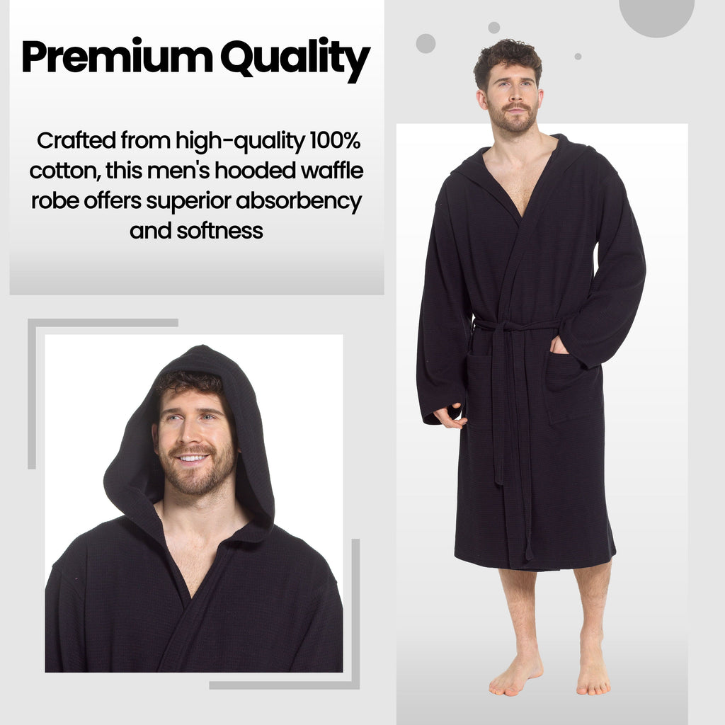 Men’s Hooded Waffle Cotton Bathrobe Black Super Absorbent Spa Robe Luxury Dressing Gown for Home & Loungewear