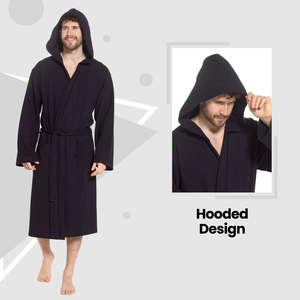 Men’s Hooded Waffle Cotton Bathrobe Black Super Absorbent Spa Robe Luxury Dressing Gown for Home & Loungewear