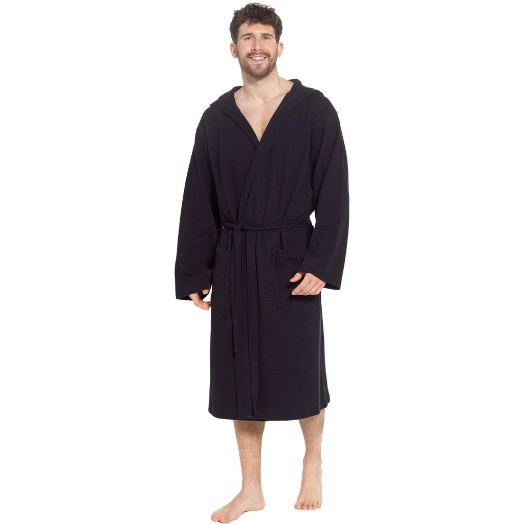 Men’s Hooded Waffle Cotton Bathrobe Black Super Absorbent Spa Robe Luxury Dressing Gown for Home & Loungewear