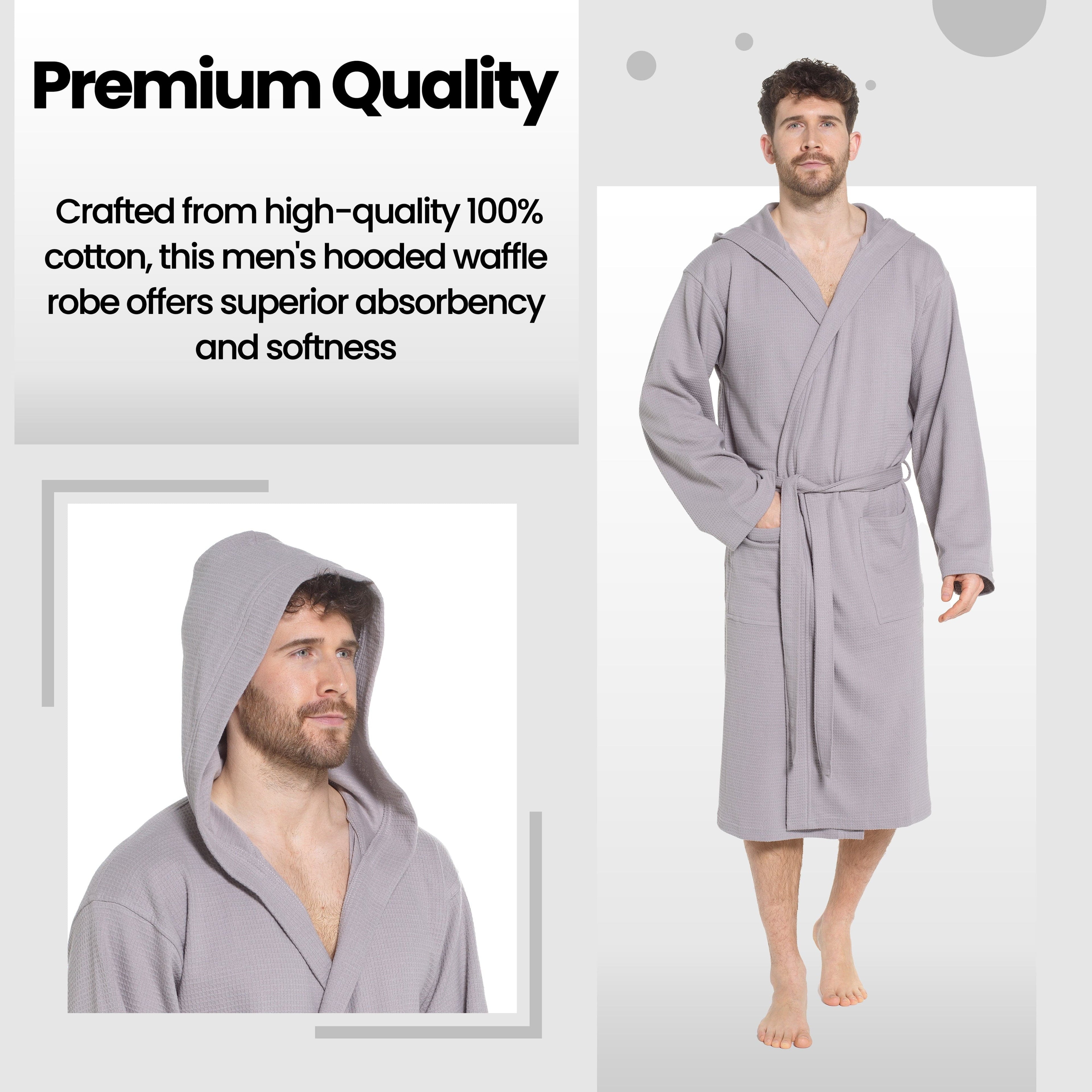Men’s Hooded Waffle Cotton Bathrobe Grey Super Absorbent Spa Robe Luxury Dressing Gown for Home & Loungewear