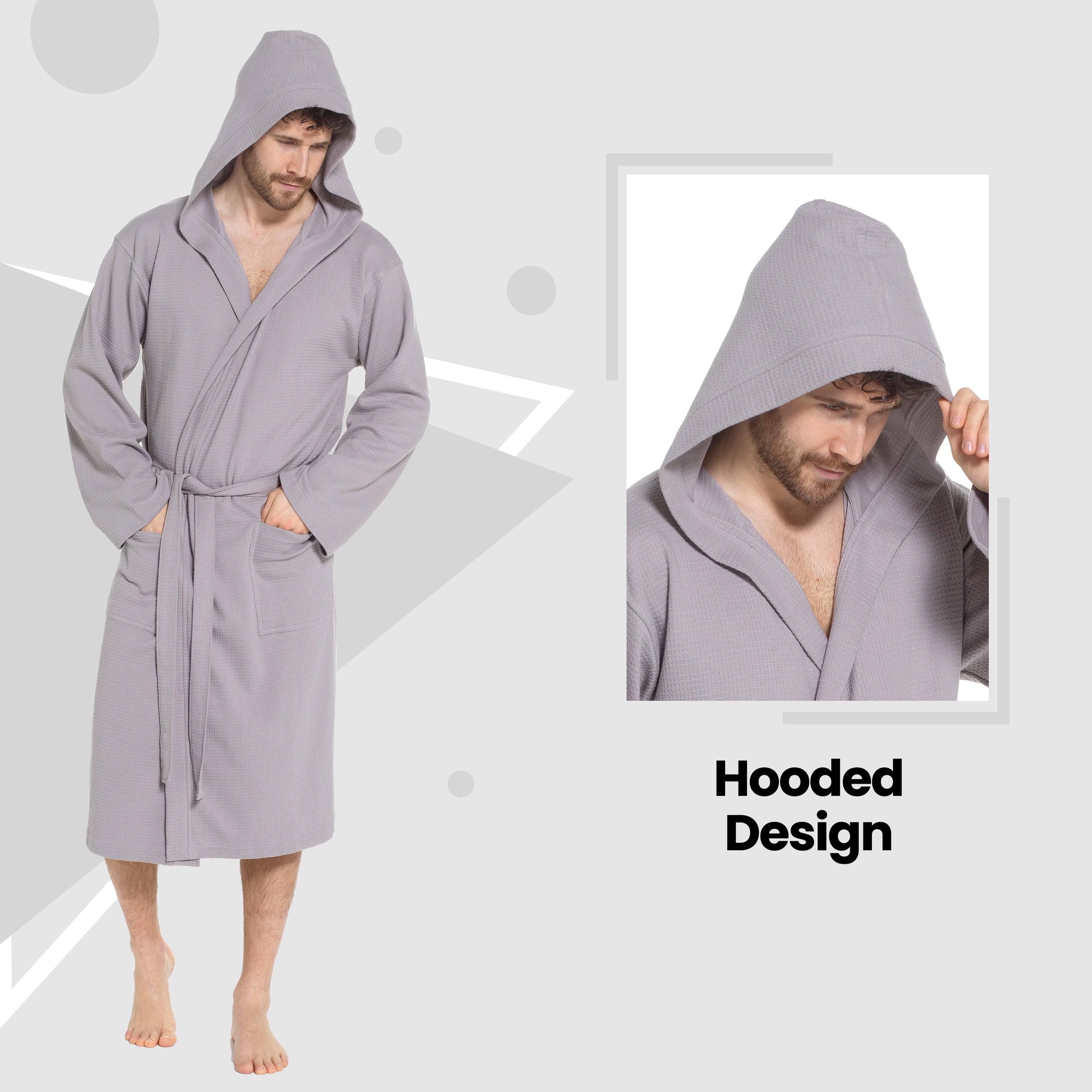 Men’s Hooded Waffle Cotton Bathrobe Grey Super Absorbent Spa Robe Luxury Dressing Gown for Home & Loungewear