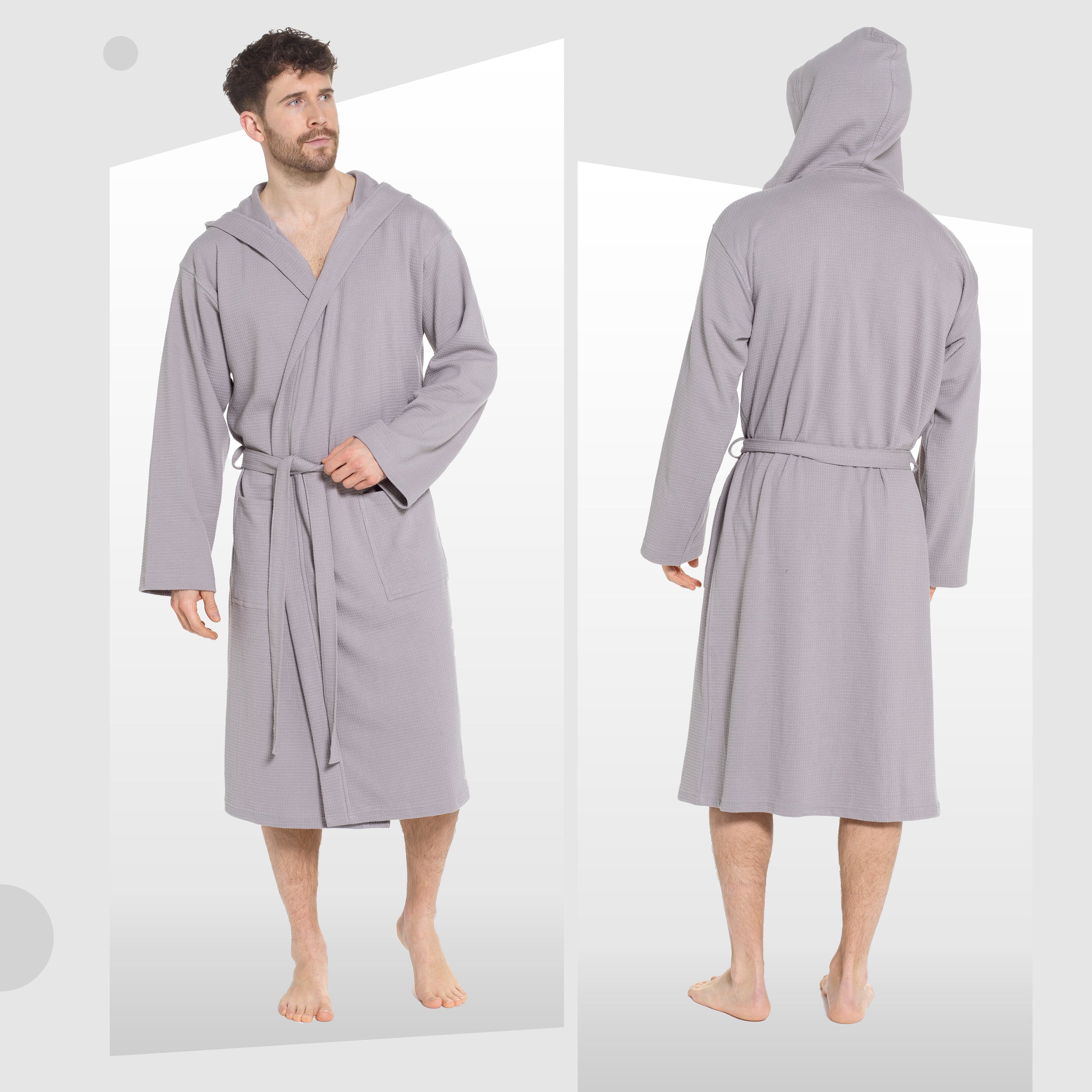 Men’s Hooded Waffle Cotton Bathrobe Grey Super Absorbent Spa Robe Luxury Dressing Gown for Home & Loungewear