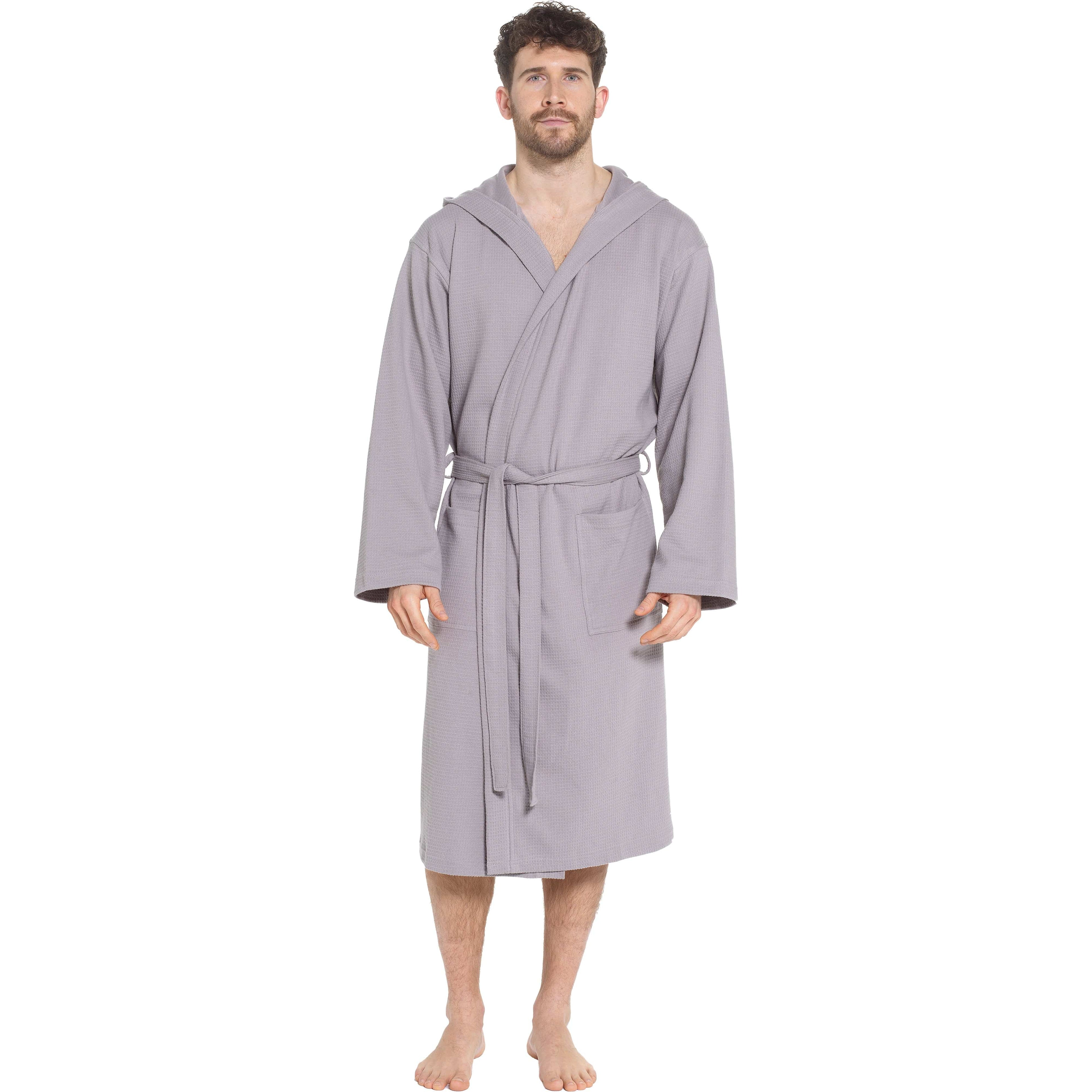 Men’s Hooded Waffle Cotton Bathrobe Grey Super Absorbent Spa Robe Luxury Dressing Gown for Home & Loungewear