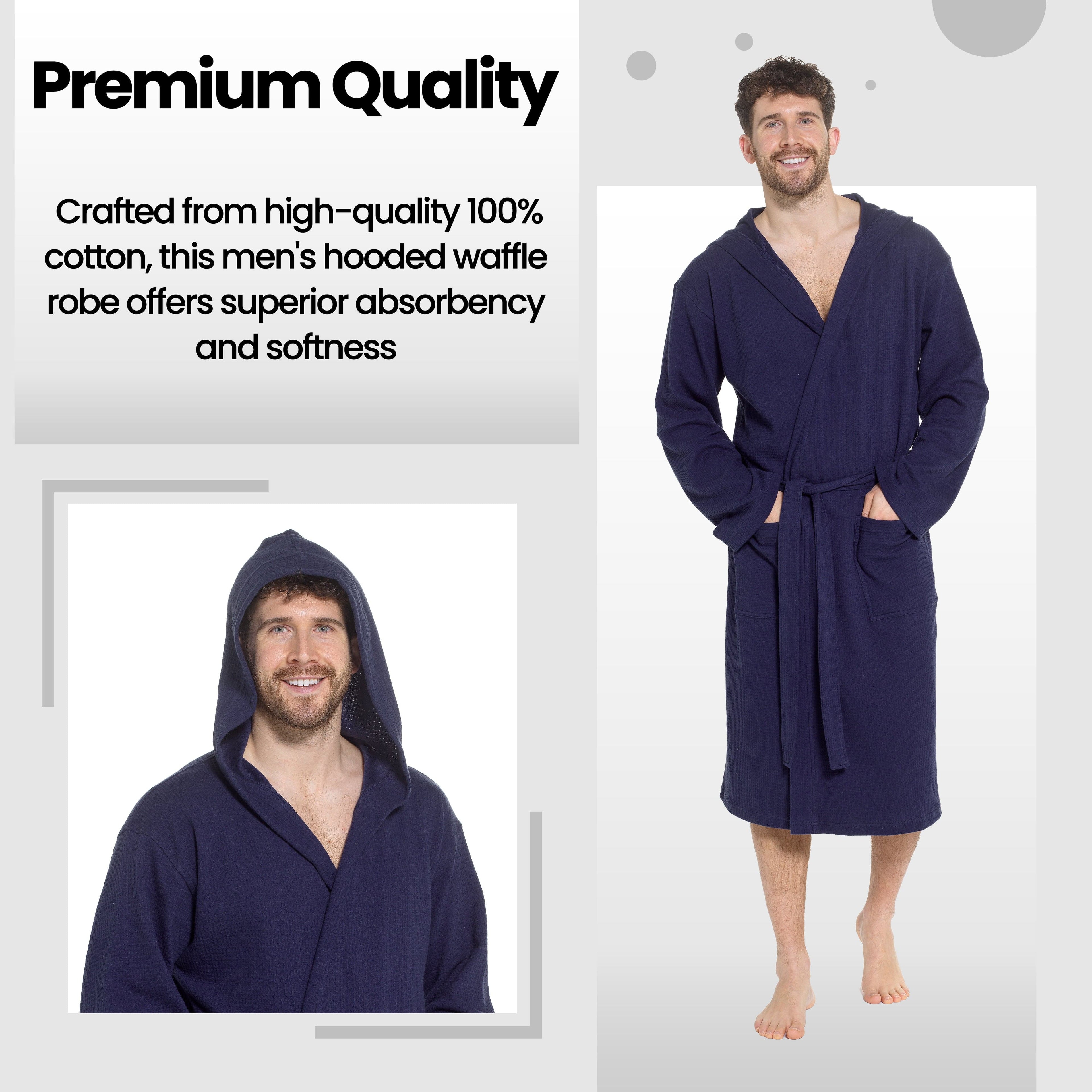 Men’s Hooded Waffle Cotton Bathrobe Navy Super Absorbent Spa Robe Luxury Dressing Gown for Home & Loungewear