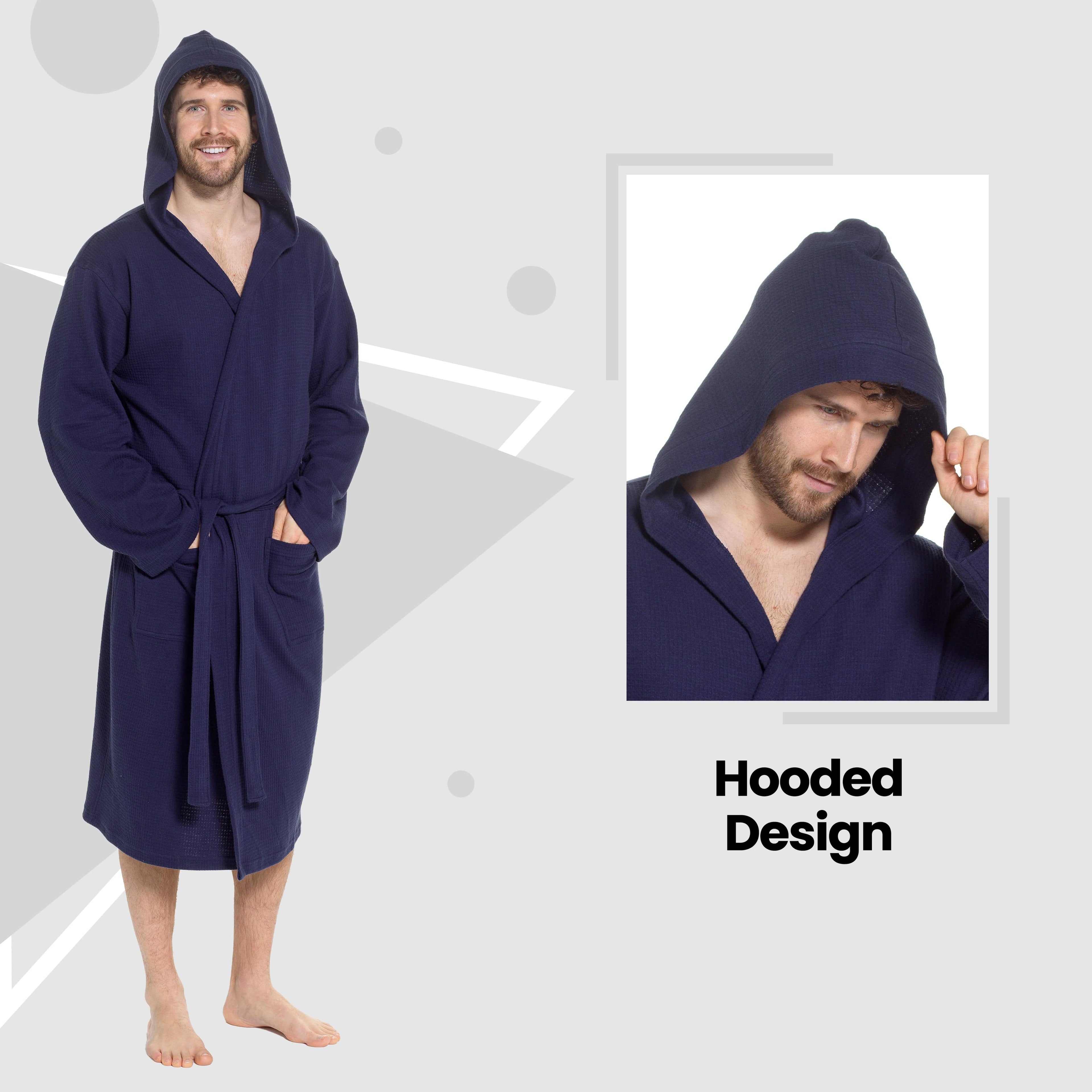 Men’s Hooded Waffle Cotton Bathrobe Navy Super Absorbent Spa Robe Luxury Dressing Gown for Home & Loungewear