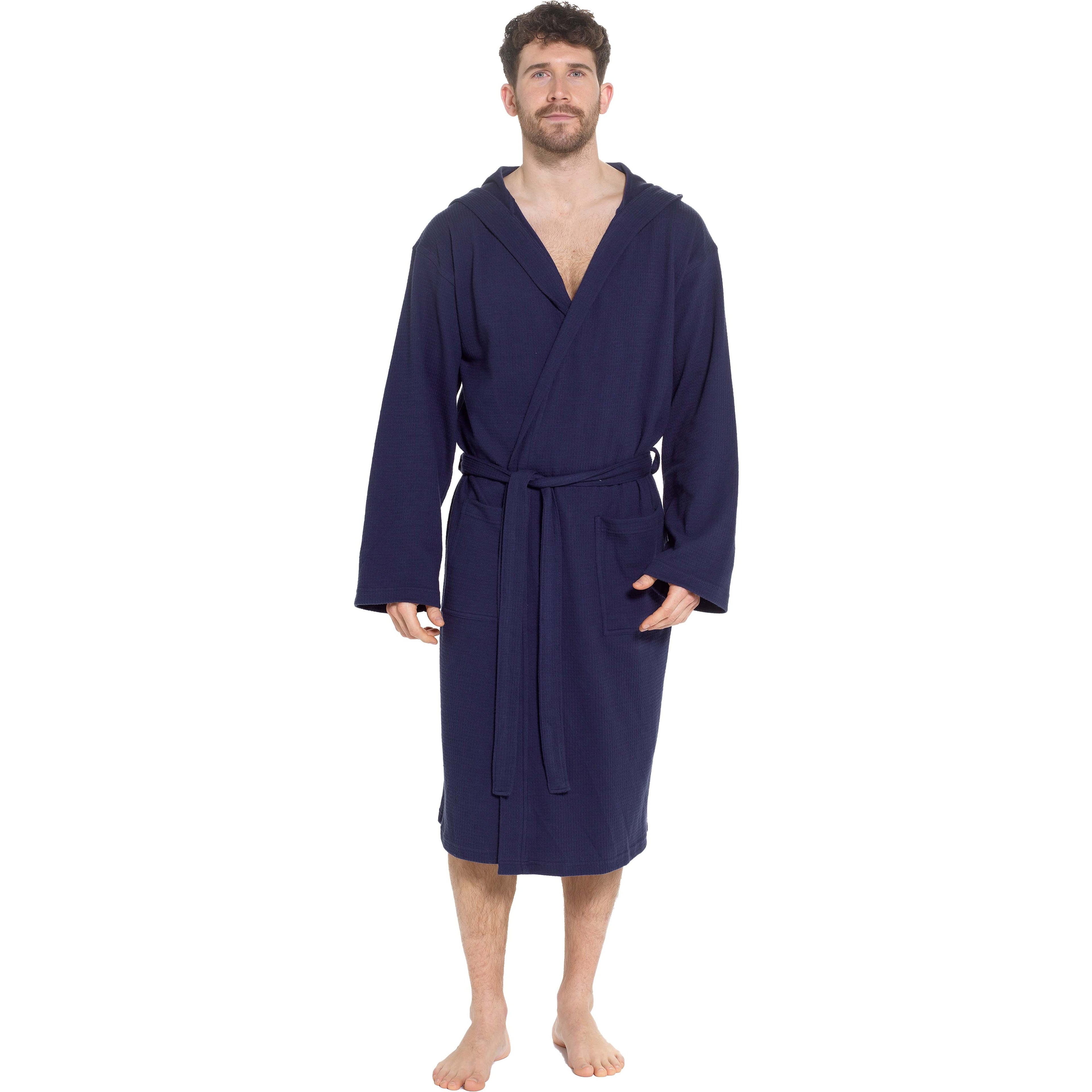 Men’s Hooded Waffle Cotton Bathrobe Navy Super Absorbent Spa Robe Luxury Dressing Gown for Home & Loungewear