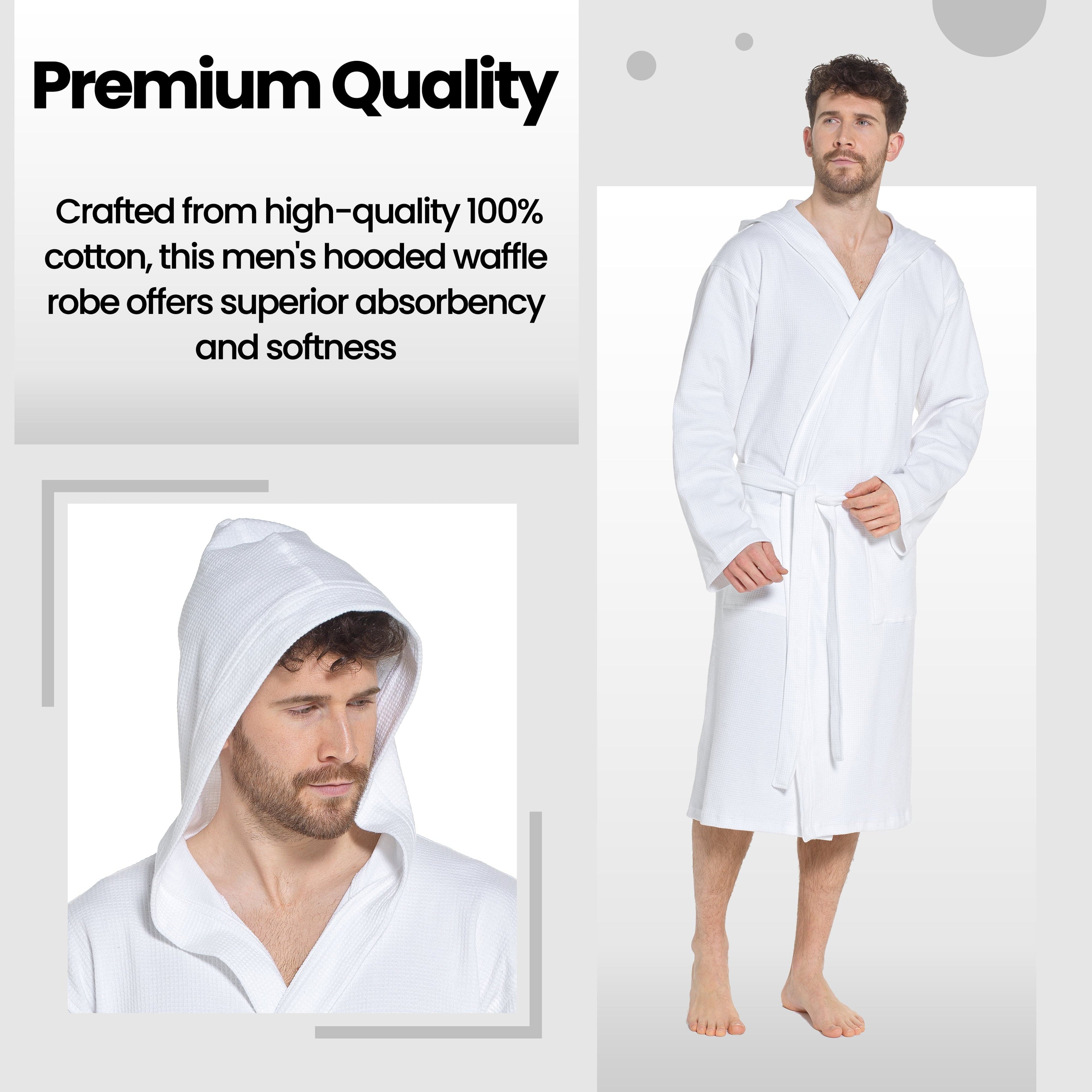 Men’s Hooded Waffle Cotton Bathrobe White Super Absorbent Spa Robe Luxury Dressing Gown for Home & Loungewear