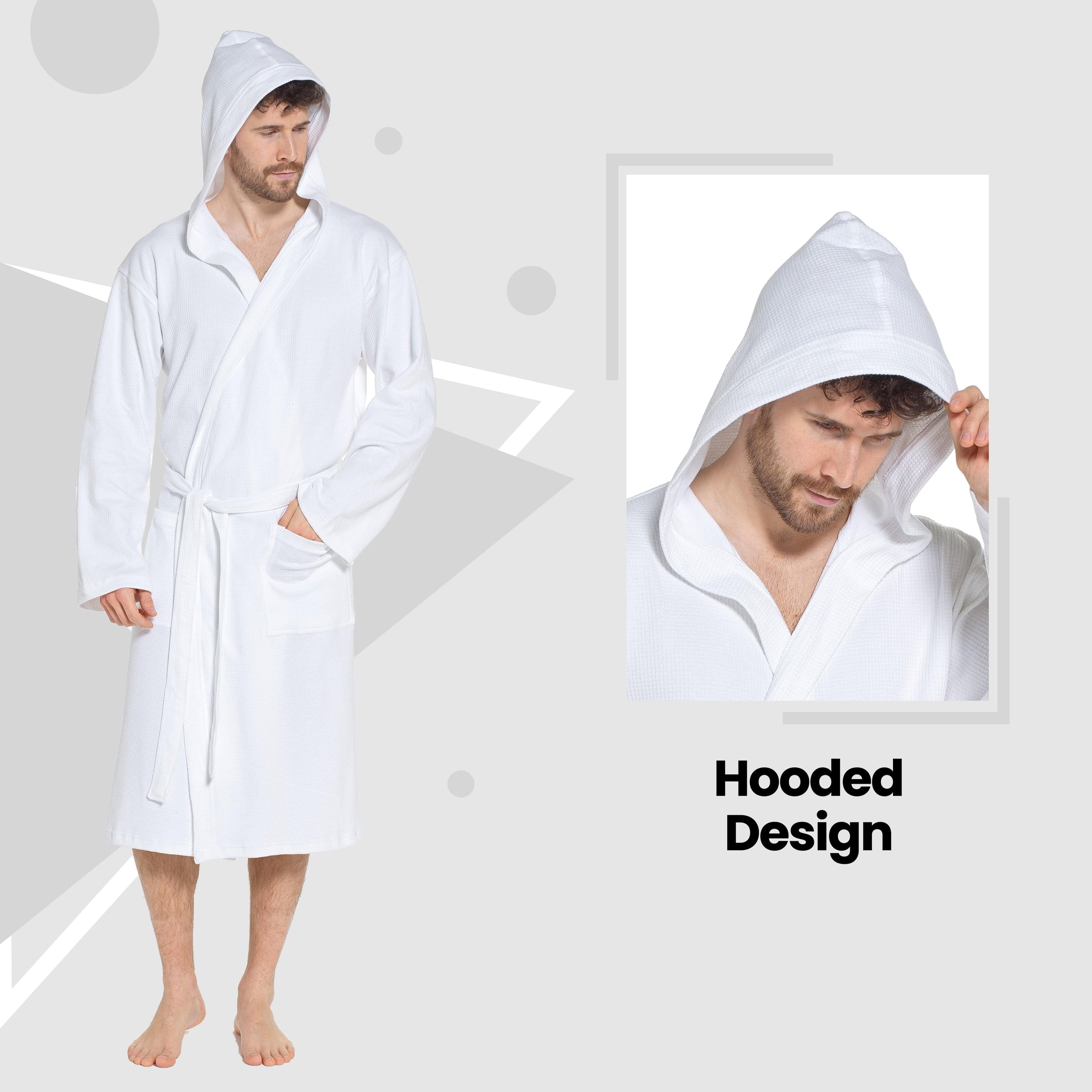 Men’s Hooded Waffle Cotton Bathrobe White Super Absorbent Spa Robe Luxury Dressing Gown for Home & Loungewear