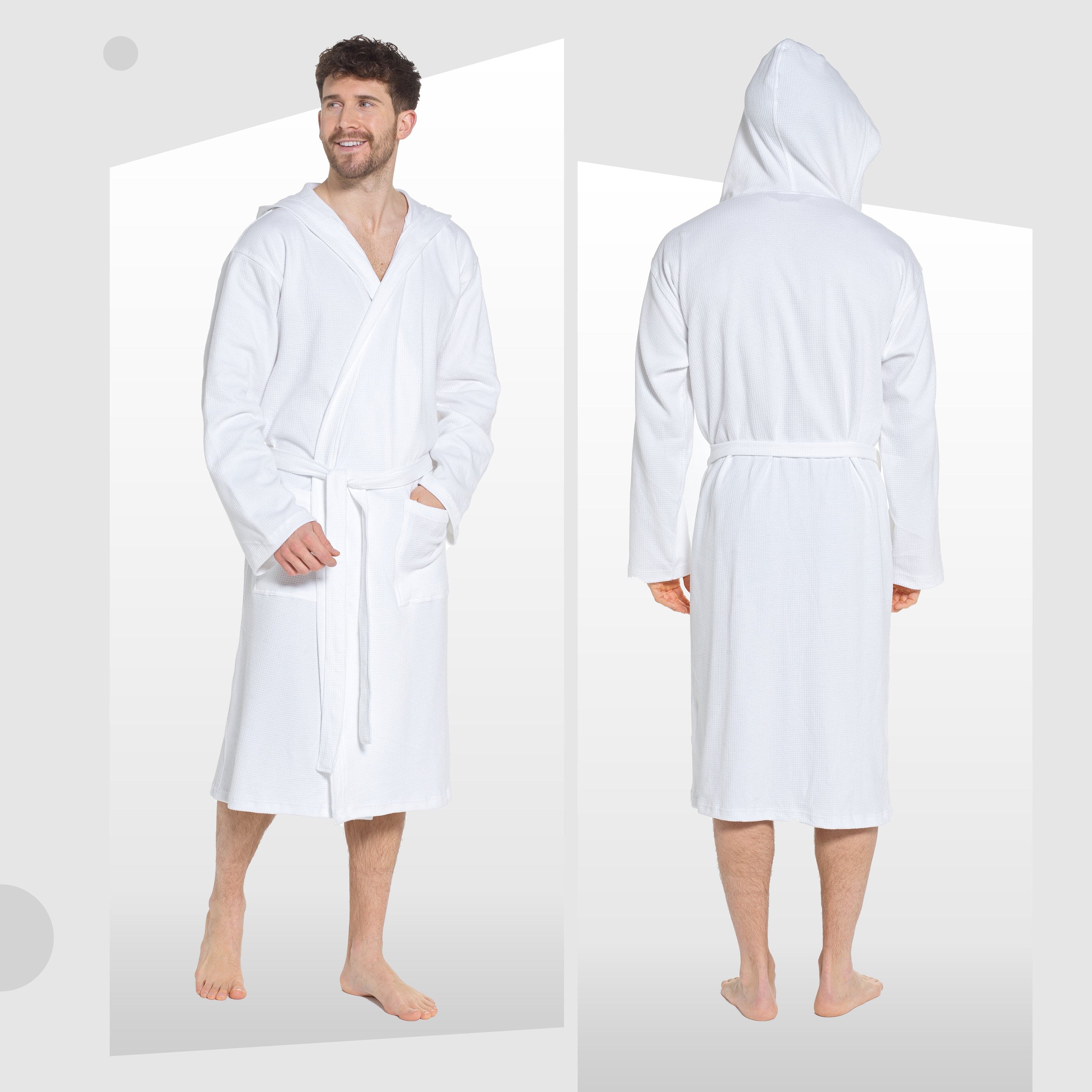 Men’s Hooded Waffle Cotton Bathrobe White Super Absorbent Spa Robe Luxury Dressing Gown for Home & Loungewear