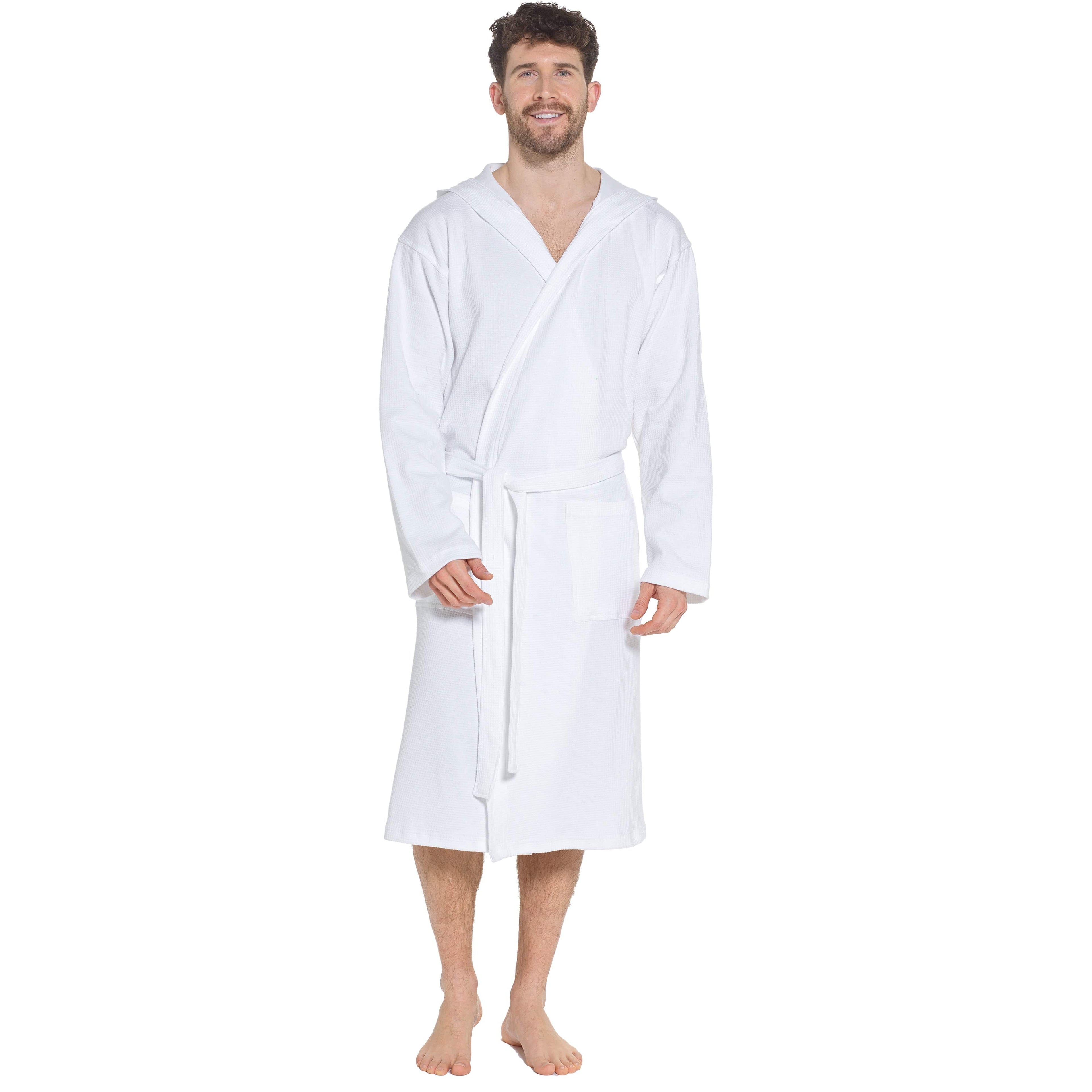 Men’s Hooded Waffle Cotton Bathrobe White Super Absorbent Spa Robe Luxury Dressing Gown for Home & Loungewear