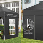 Black gazebo end wall with two large arched windows and zipped door access