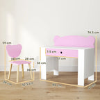 Pink bear-back kids chair and white desk with drawer, shown with size layout