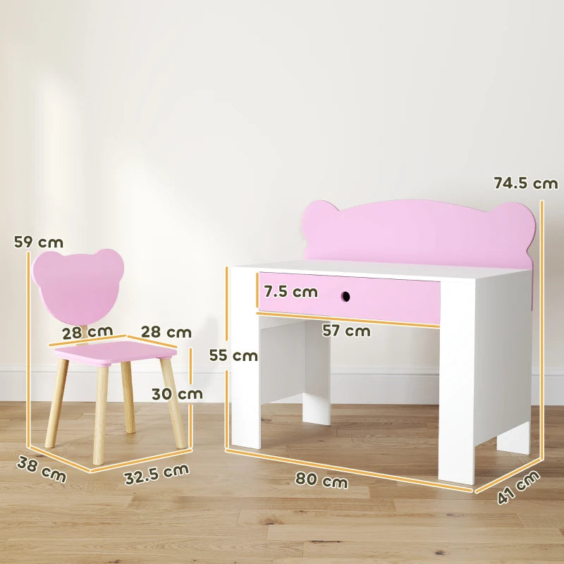 Pink bear-back kids chair and white desk with drawer, shown with size layout