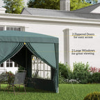 Green gazebo with two zippered doors and large window panels