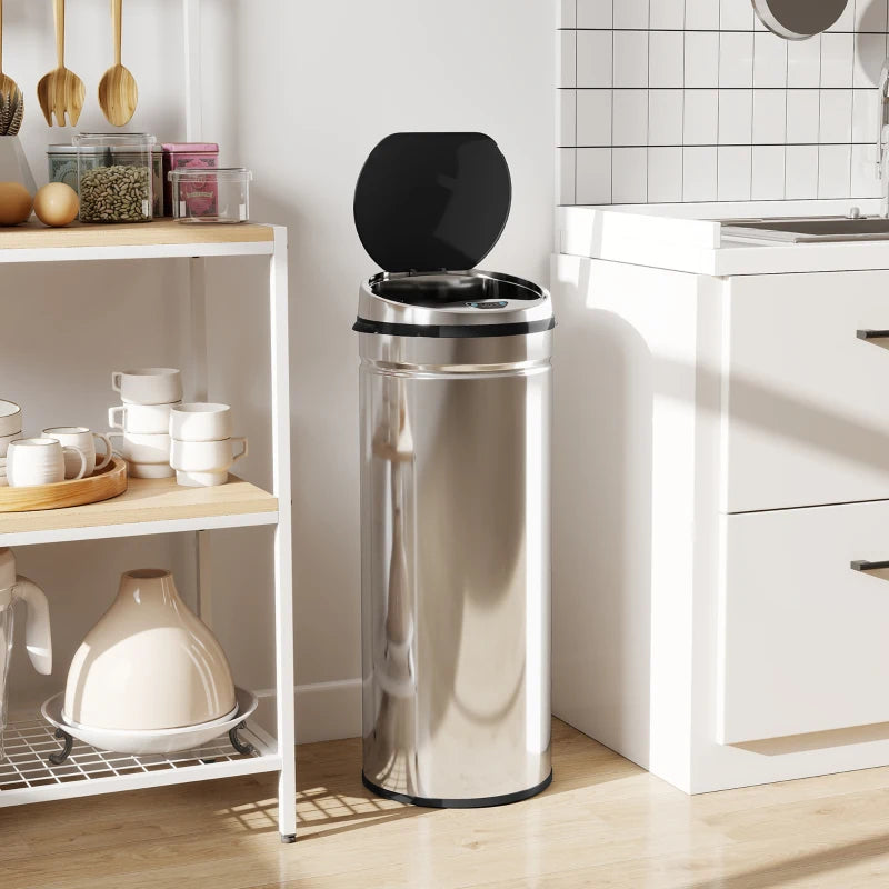 Silver stainless steel sensor bin with open black lid