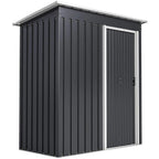 Black metal storage shed with sloped roof and sliding door, ridged panel walls.