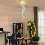 Chrome crystal chandelier with cascading glass bead drops, light on