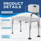 White shower transfer bench with built-in handle, drain holes, textured seat and armrests