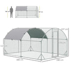 Galvanised chicken run coop with front door and green arched fabric canopy over mesh sides