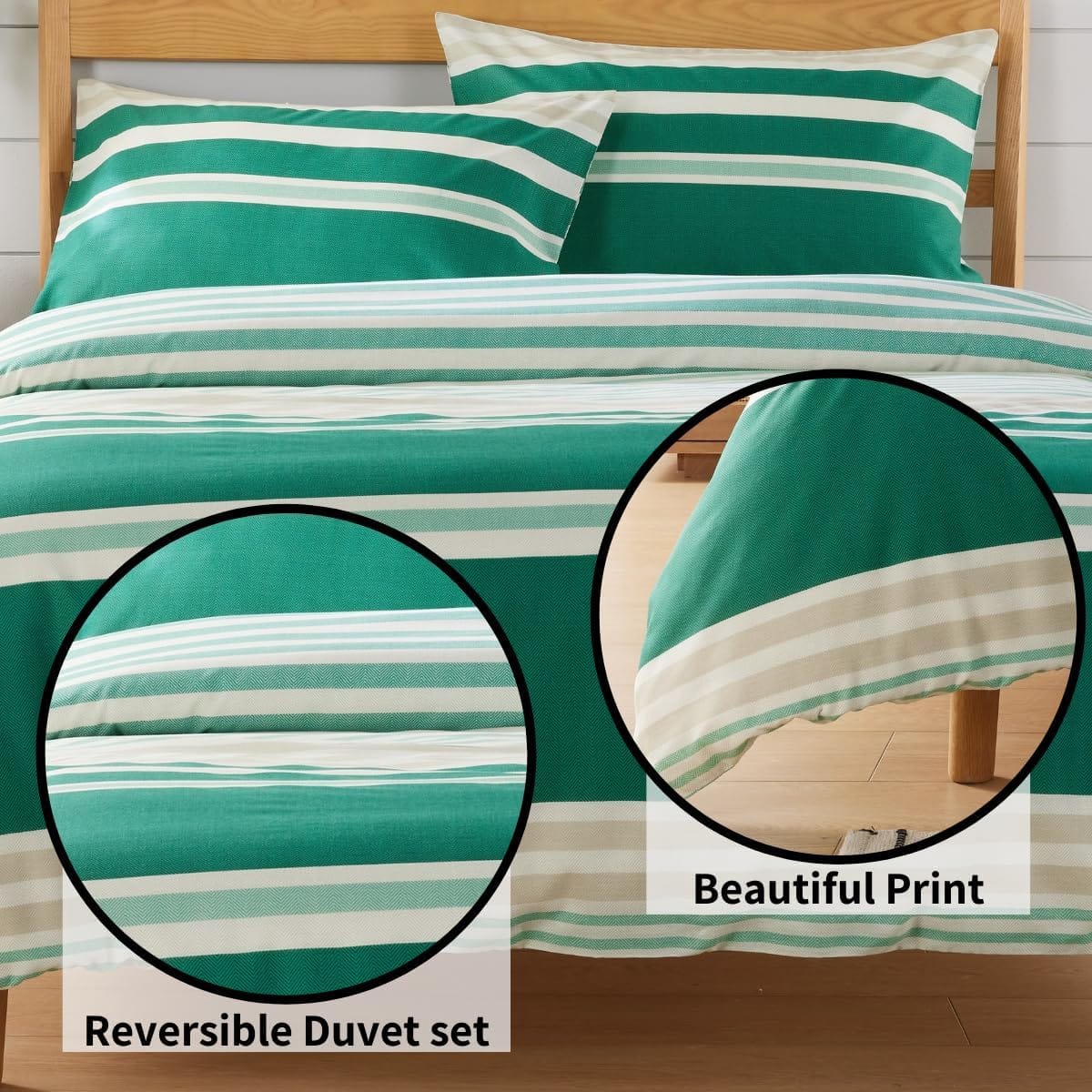 Miami Stripes Reversible Duvet Cover Set Hypoallergenic High-Quality Cotton Blend Bedding Available in Grey Natural Green Multiple Sizes